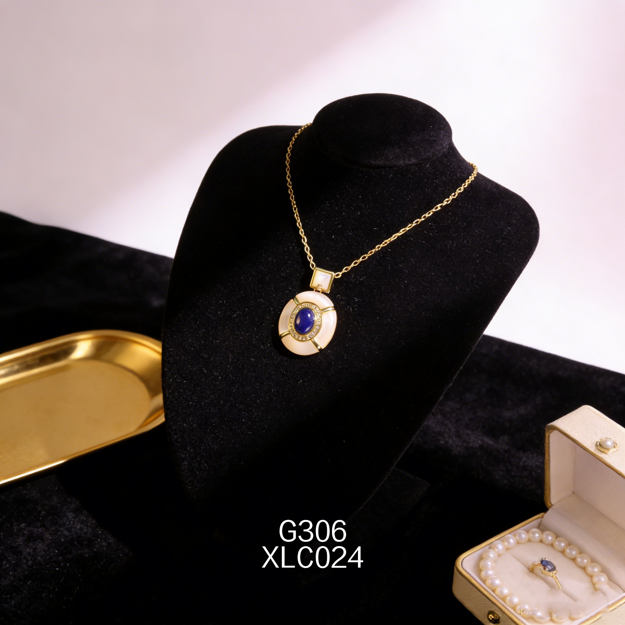 电镀黄金 7 x 9mm 青金石白贝小众项链