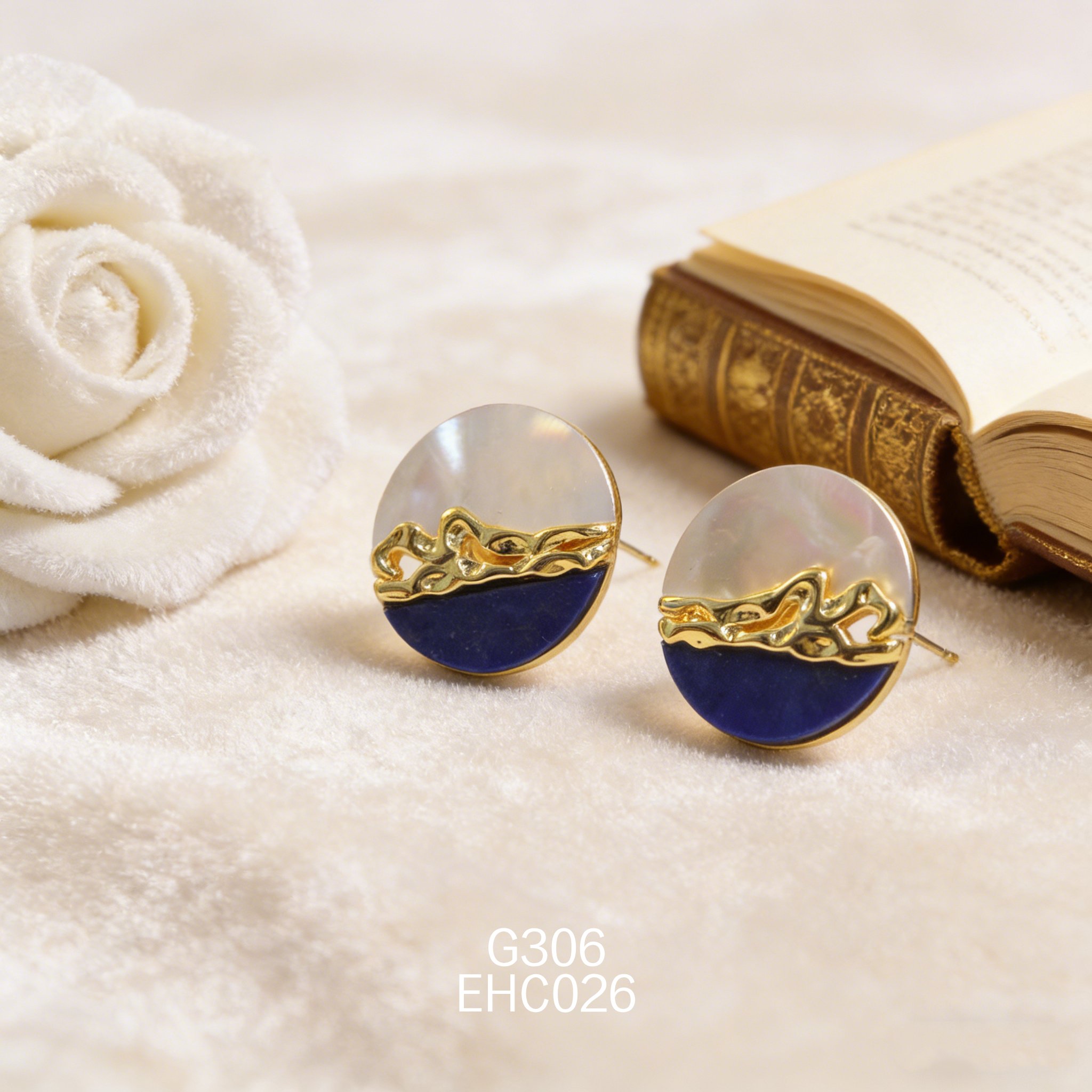 电镀黄金白贝青金石小众高级耳环