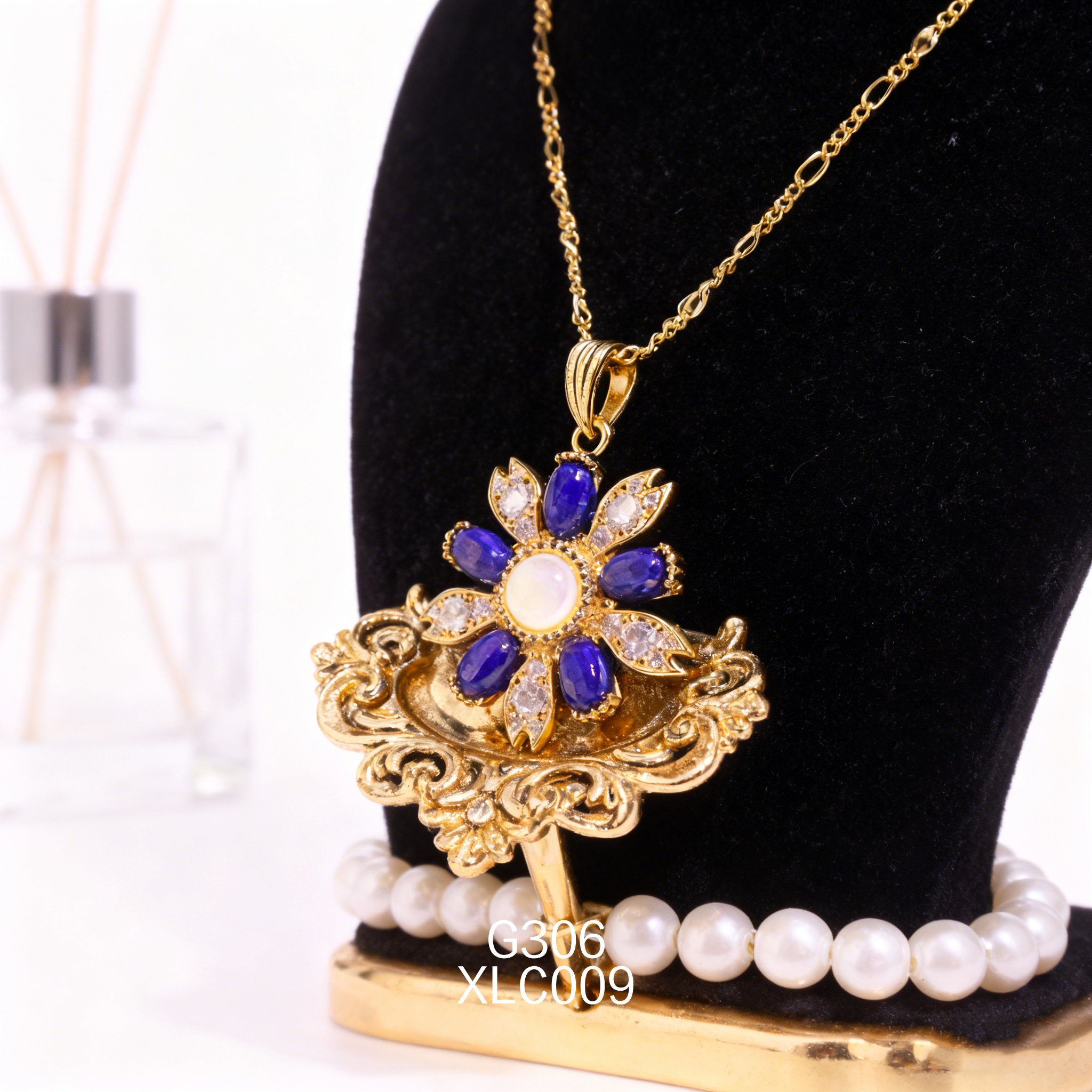 Gold-plated 4 x 6mm Lapis Lazuli and 6mm Mother of Pearl Necklace