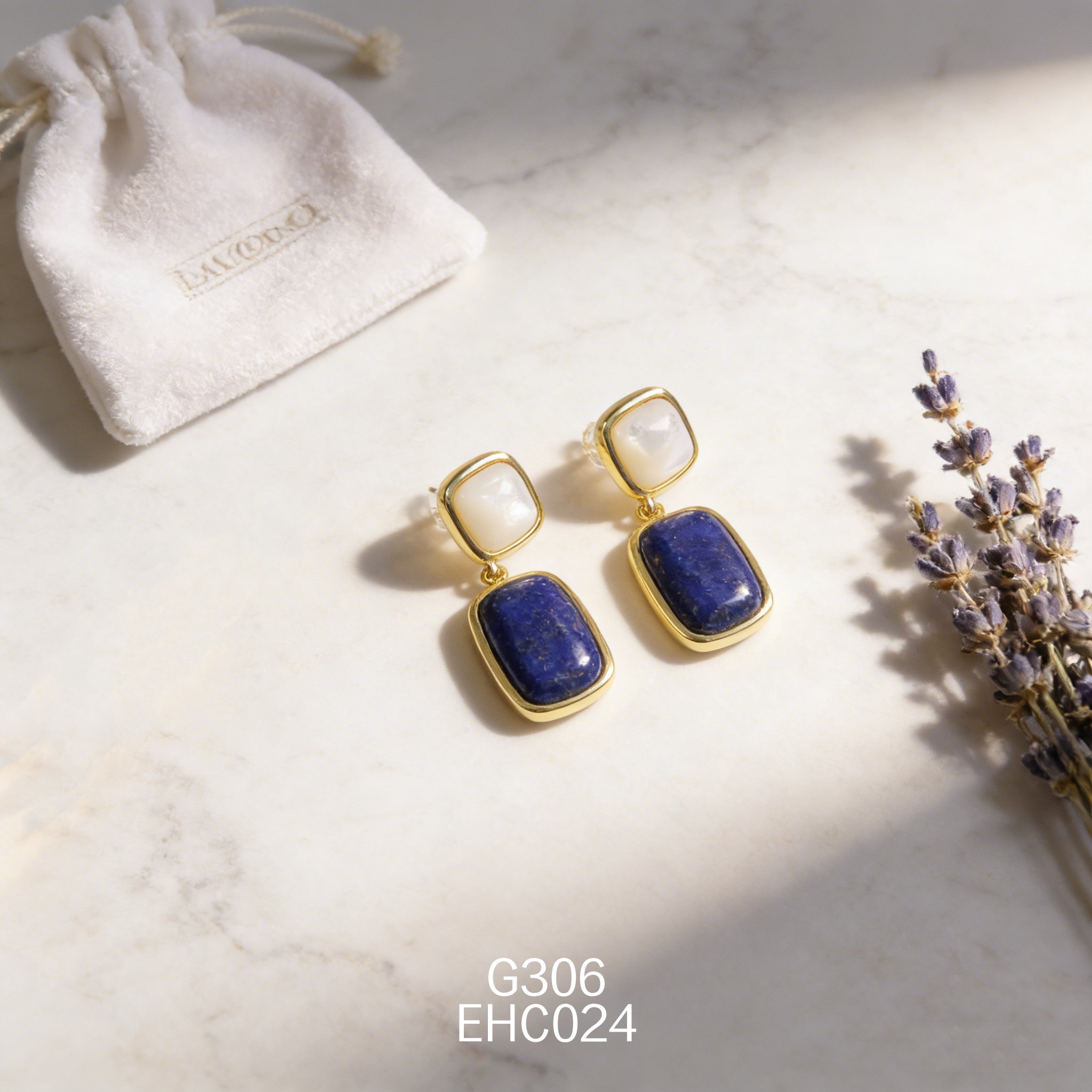 电镀黄金白贝 + 青金石封底耳环