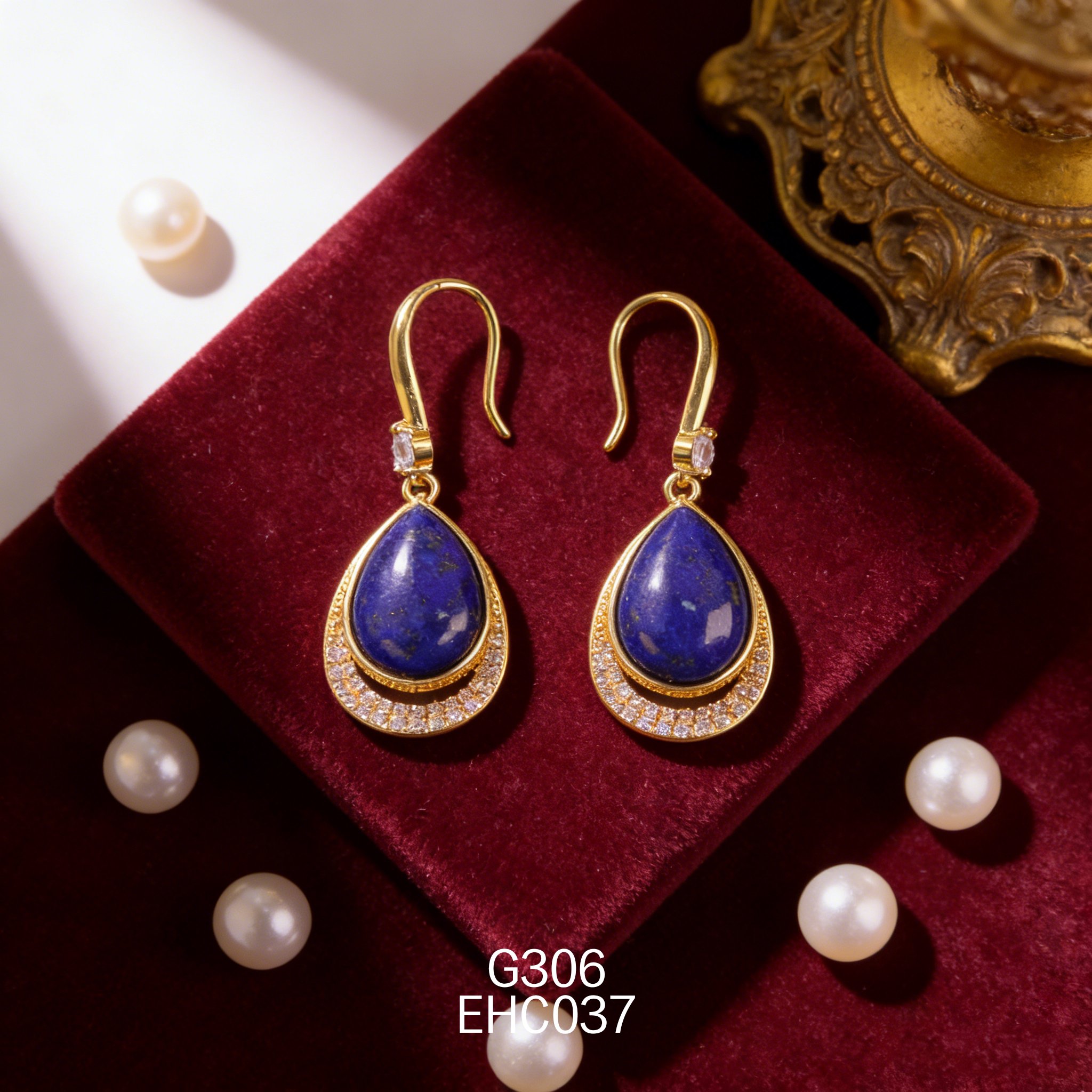 电镀黄金 11 x 16mm 水滴青金耳环